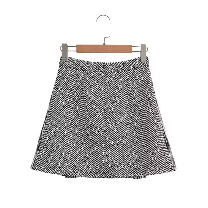 Autumn Winter Sweet Round Neck Herringbone Pattern Short Suit High Waist Skirt