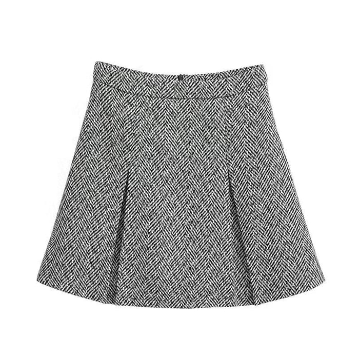 Autumn Winter Sweet Round Neck Herringbone Pattern Short Suit High Waist Skirt