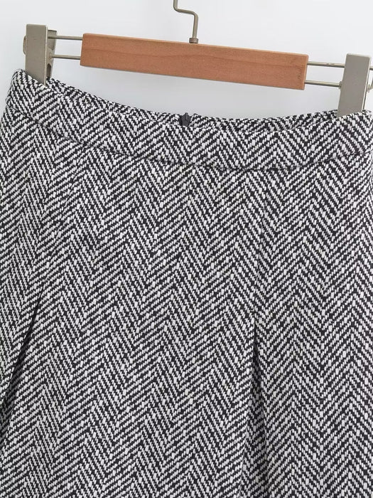 Autumn Winter Sweet Round Neck Herringbone Pattern Short Suit High Waist Skirt