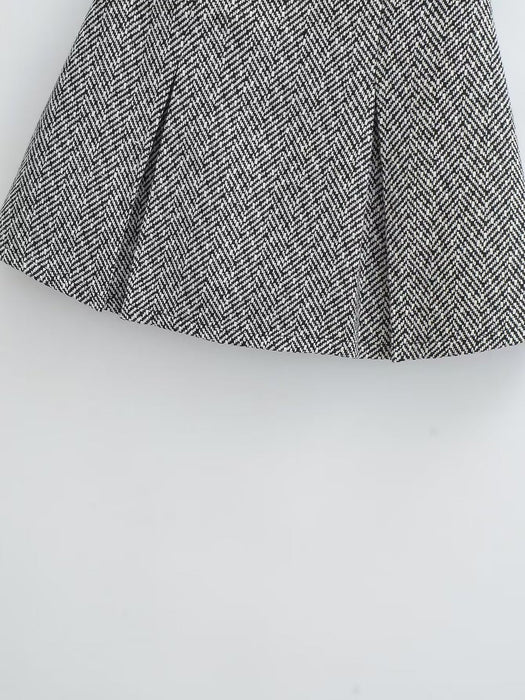 Autumn Winter Sweet Round Neck Herringbone Pattern Short Suit High Waist Skirt