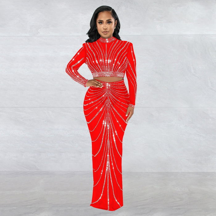 Women Wear Mesh Drilling See through Long Sleeve Dress Two Piece Set