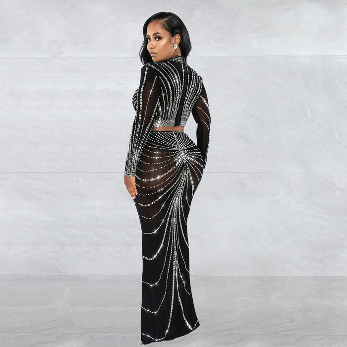 Women Wear Mesh Drilling See through Long Sleeve Dress Two Piece Set