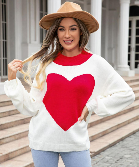 Autumn Winter Big Love Valentine Day Peach Heart Sweater round Neck Knitted Pullover Sweater Women