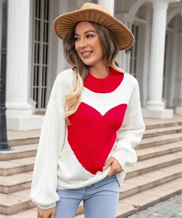 Autumn Winter Big Love Valentine Day Peach Heart Sweater round Neck Knitted Pullover Sweater Women