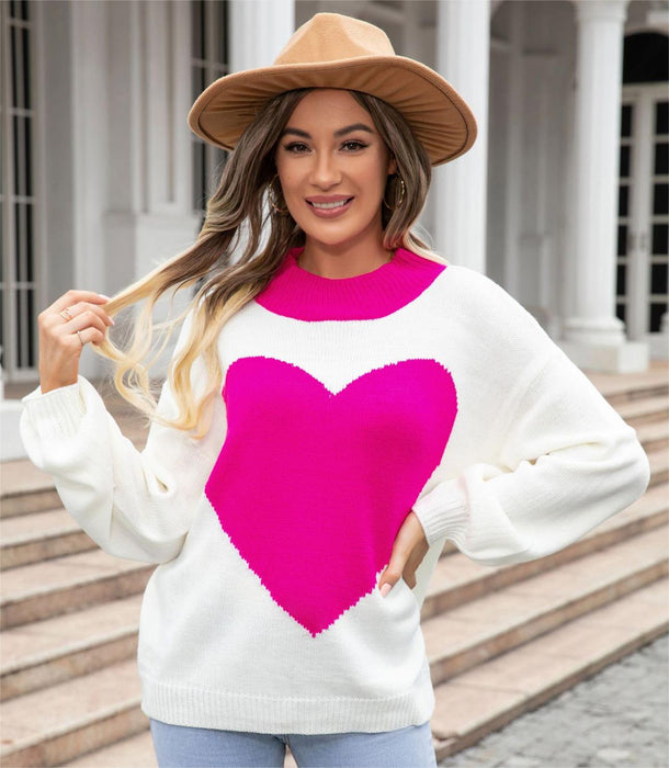 Autumn Winter Big Love Valentine Day Peach Heart Sweater round Neck Knitted Pullover Sweater Women