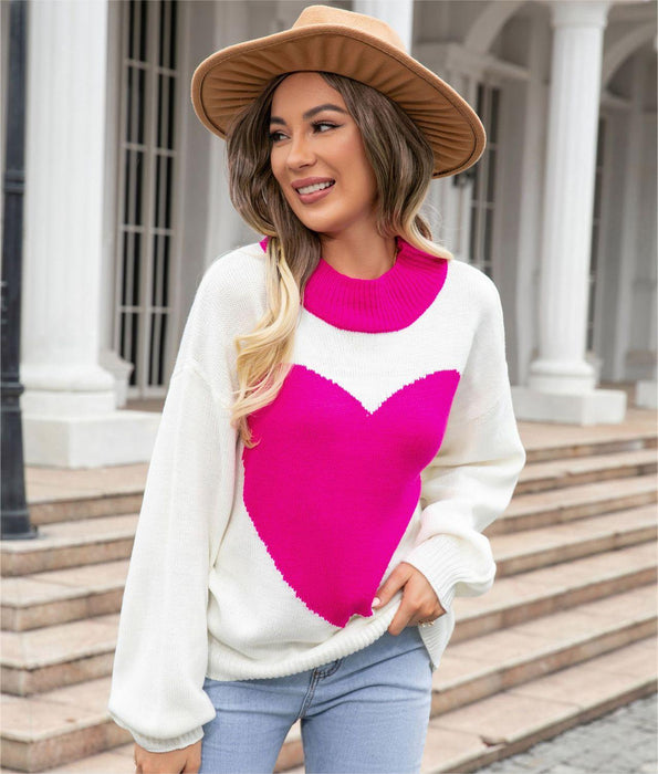 Autumn Winter Big Love Valentine Day Peach Heart Sweater round Neck Knitted Pullover Sweater Women