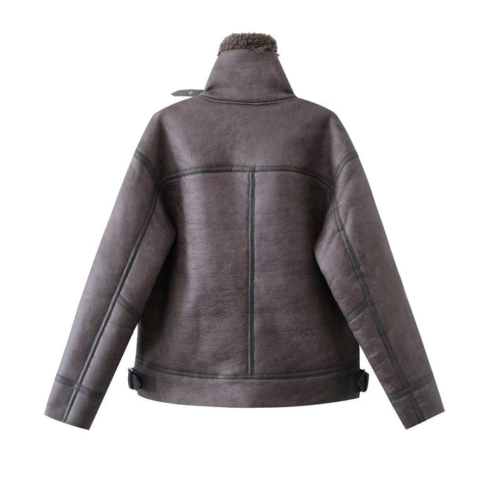Women Clothing Stand Collar Heavy Industry Faux Jacket All Matching Long Sleeved Jacket Coat