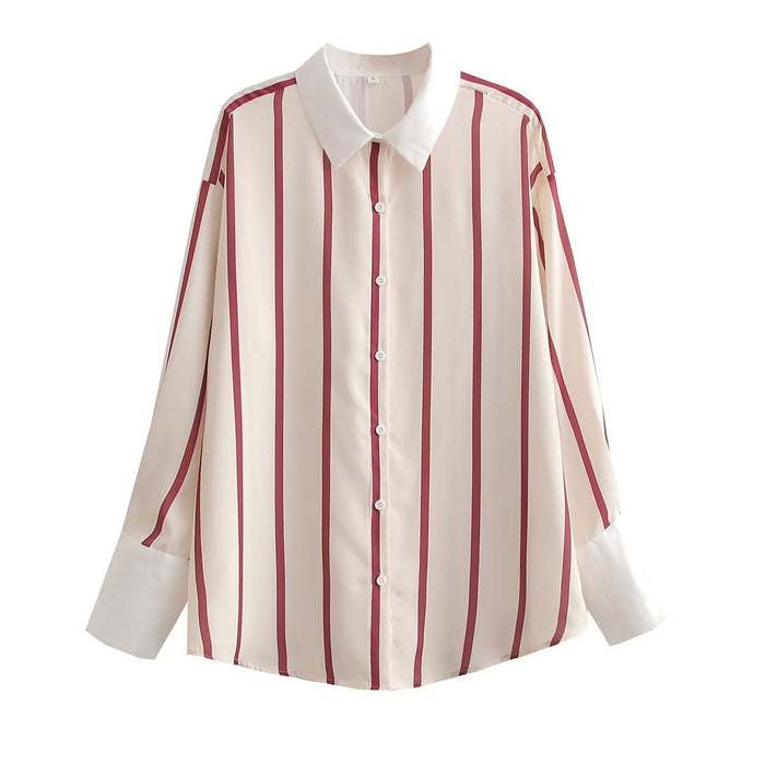 Women Clothing French Loose Lapels Striped Long Sleeve All Match Casual Shirt