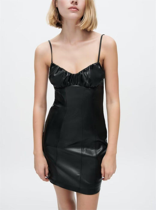 Women Black Faux Leather Cami Dress