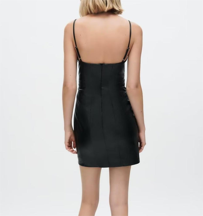 Women Black Faux Leather Cami Dress