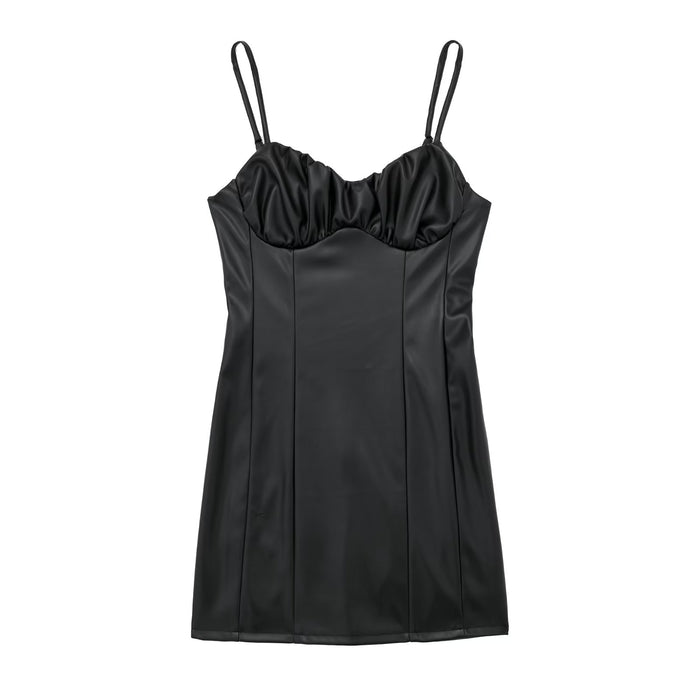 Women Black Faux Leather Cami Dress