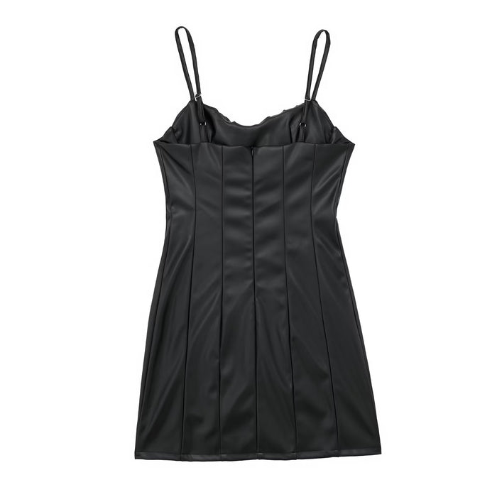 Women Black Faux Leather Cami Dress