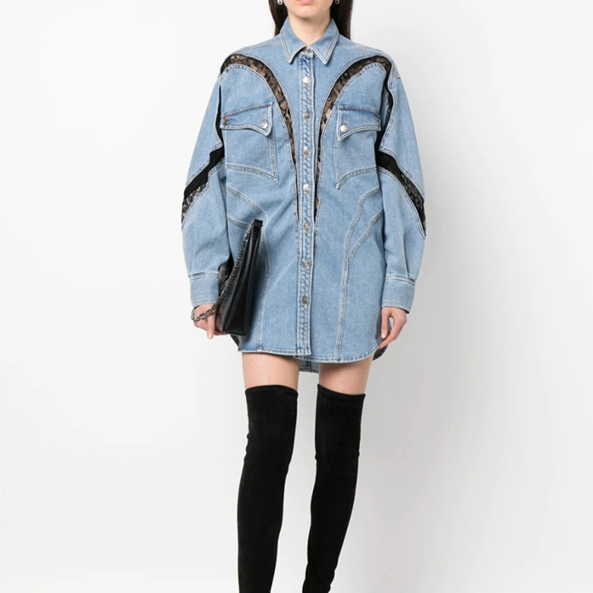 Special Interest Design Three Dimensional Split Shirt Spring Summer Lace Stitching Large Profile Shirt Denim Jacket Coat Women