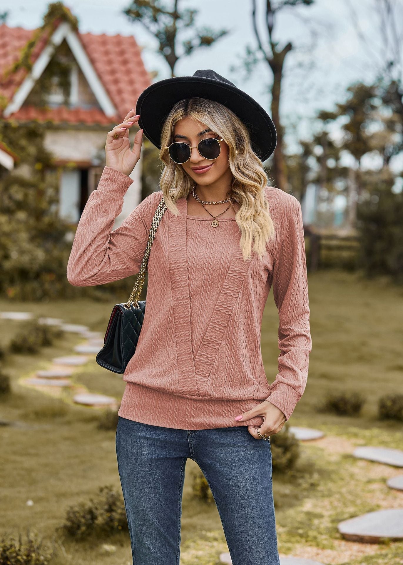 Autumn Winter Solid Color Square Collar Cross Loose Long Sleeved T shirt Top Women