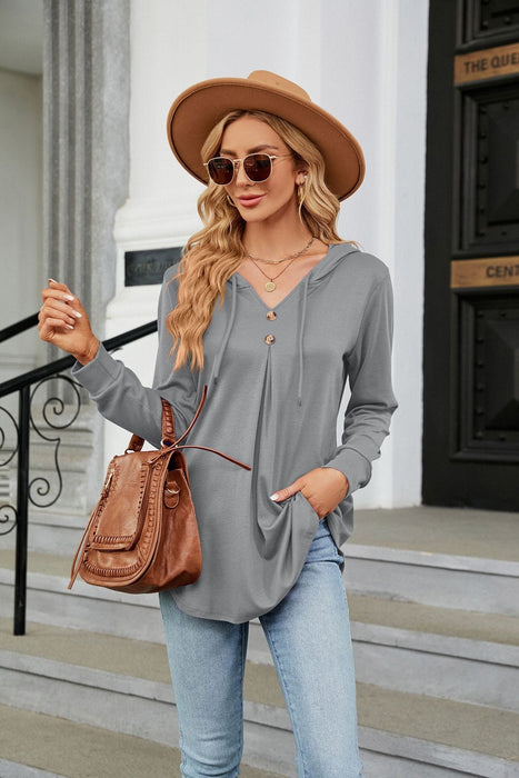 Autumn Winter Solid Color V neck Button Hooded Loose Long Sleeves Sweater Women