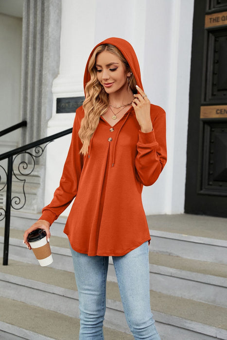 Autumn Winter Solid Color V neck Button Hooded Loose Long Sleeves Sweater Women