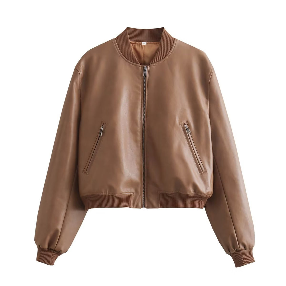 Fall Women Clothing Faux Leather Bomber Jacket Coat