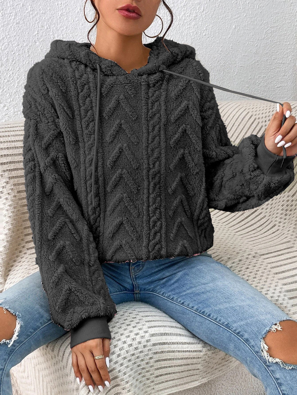 Fall Winter Women Pullover Sweater Flannel Hooded Loose Plush Jacket