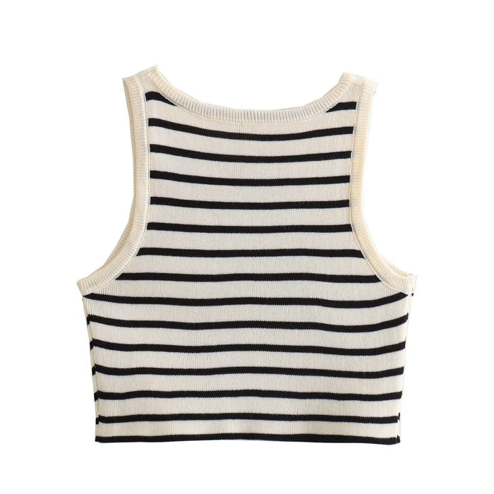 Women Summer Striped Contrast Color U Neck Knitted Vest Design Sleeveless Slim Pullover Top