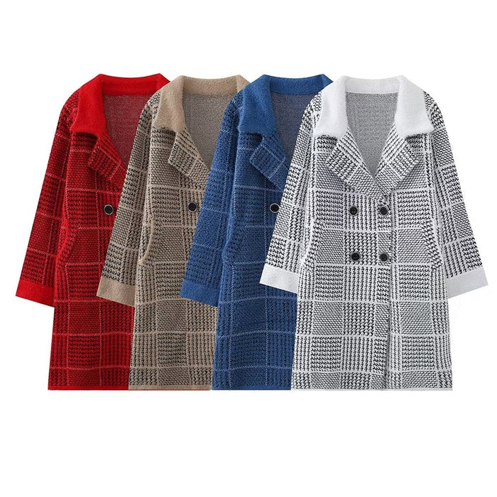 Autumn Winter Korean Loose Square Plaid Thick Mid Length Cardigan Sweater Coat Women Coat