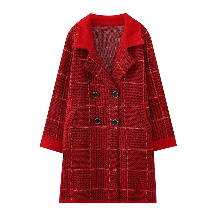 Autumn Winter Korean Loose Square Plaid Thick Mid Length Cardigan Sweater Coat Women Coat