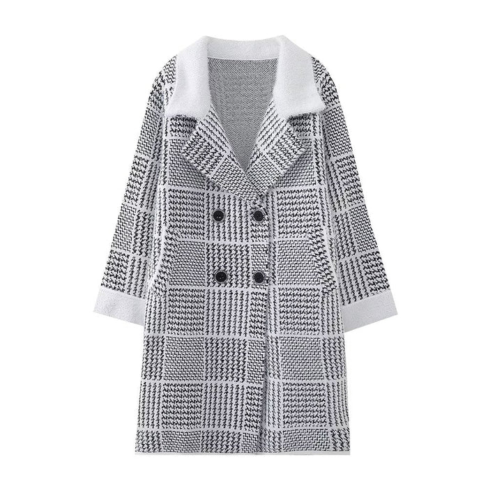 Autumn Winter Korean Loose Square Plaid Thick Mid Length Cardigan Sweater Coat Women Coat