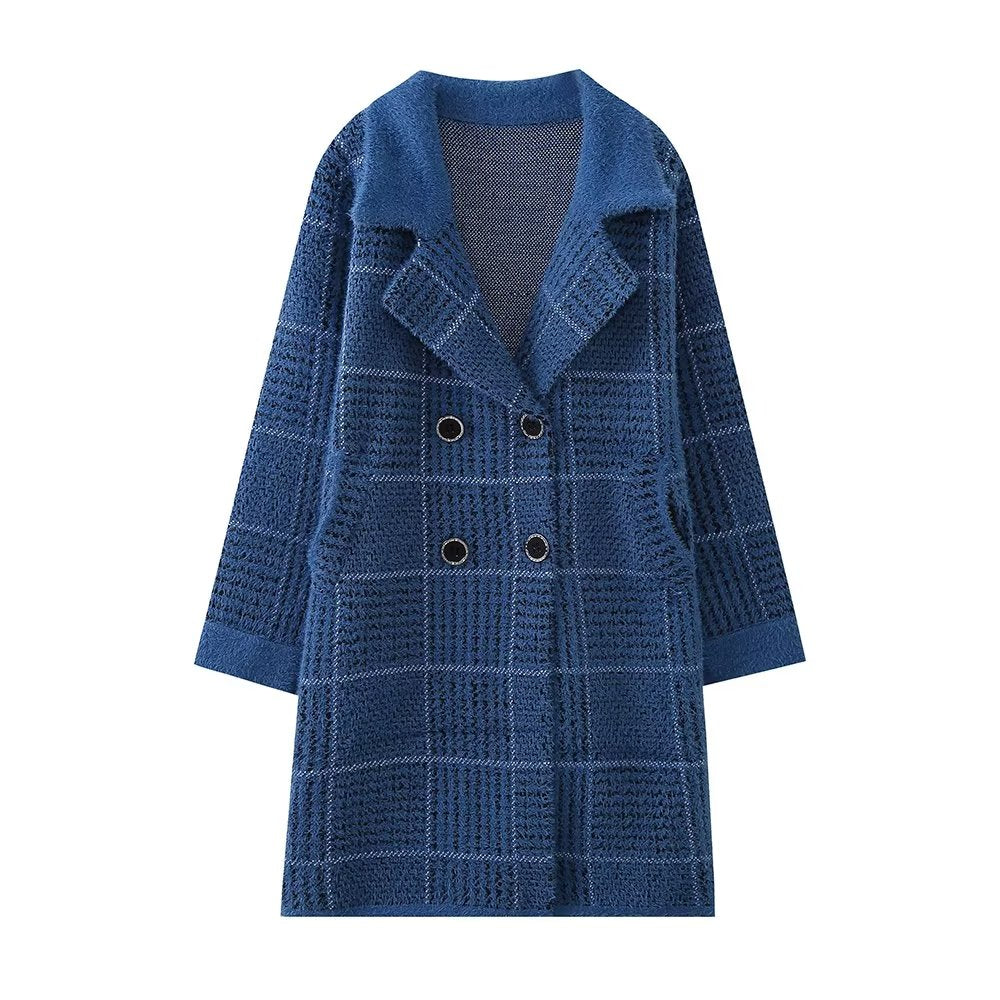 Autumn Winter Korean Loose Square Plaid Thick Mid Length Cardigan Sweater Coat Women Coat
