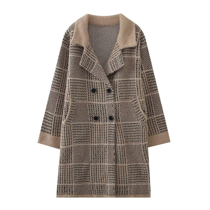 Autumn Winter Korean Loose Square Plaid Thick Mid Length Cardigan Sweater Coat Women Coat