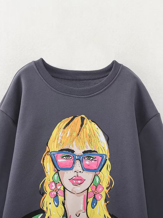 Women Clothing Autumn Winter round Neck Girls Printed Washed Loose Pullover Long Sleeve Sweater