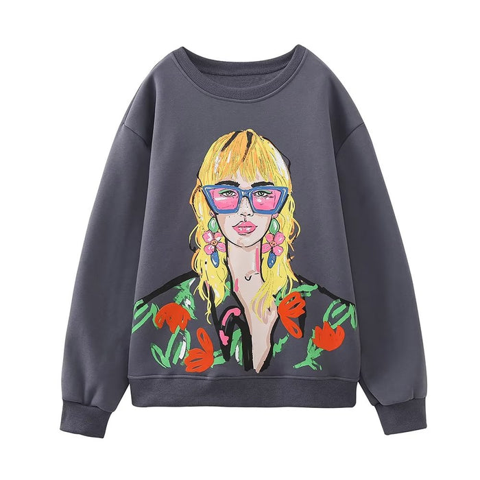 Women Clothing Autumn Winter round Neck Girls Printed Washed Loose Pullover Long Sleeve Sweater