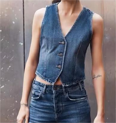 Autumn Winter Denim Vest V neck Single Breasted Short Denim Waistcoat Vest button