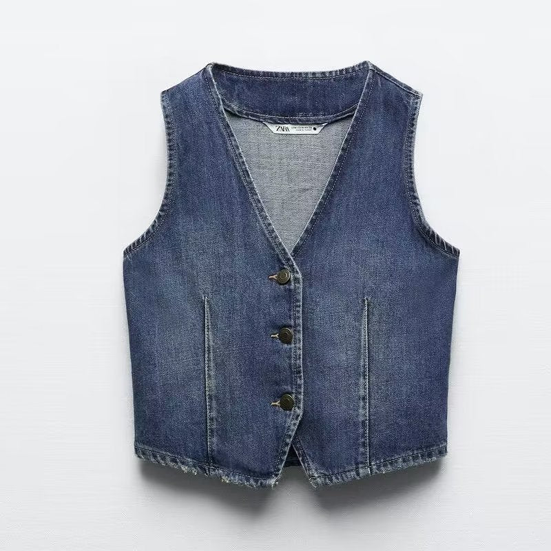 Autumn Winter Denim Vest V neck Single Breasted Short Denim Waistcoat Vest button