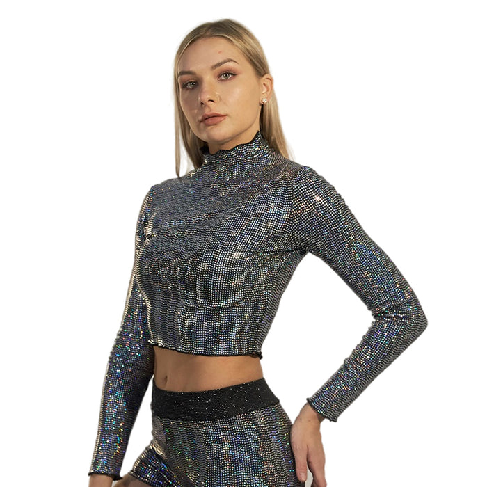 High Collar Long Sleeve Women Bottoming Shirt Sequined Stage Wear Diamond T shirt Short Slim Fit Bare Cropped