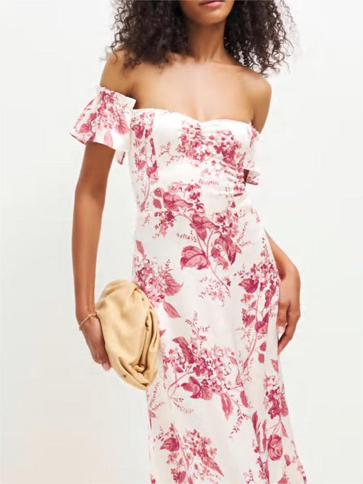 Pastoral off Shoulder Short Sleeve Dress Women Sexy Slim Print Ruffled Maxi Dress