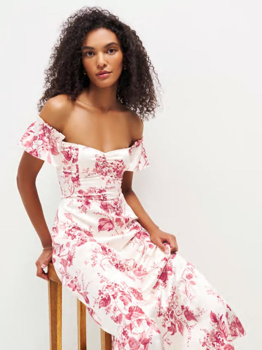 Pastoral off Shoulder Short Sleeve Dress Women Sexy Slim Print Ruffled Maxi Dress