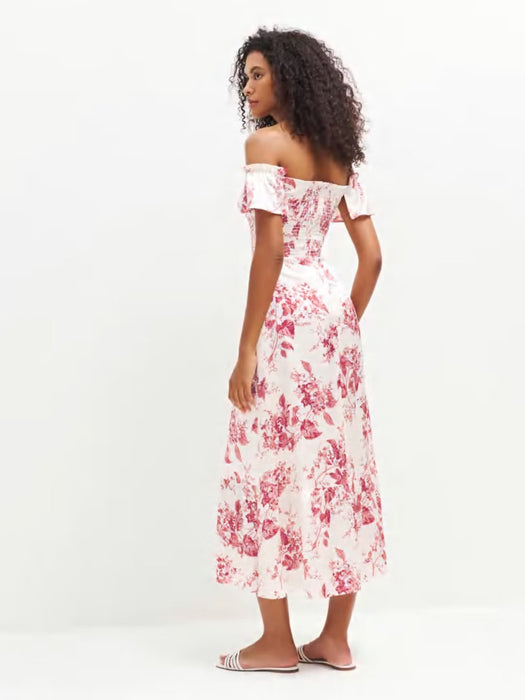 Pastoral off Shoulder Short Sleeve Dress Women Sexy Slim Print Ruffled Maxi Dress