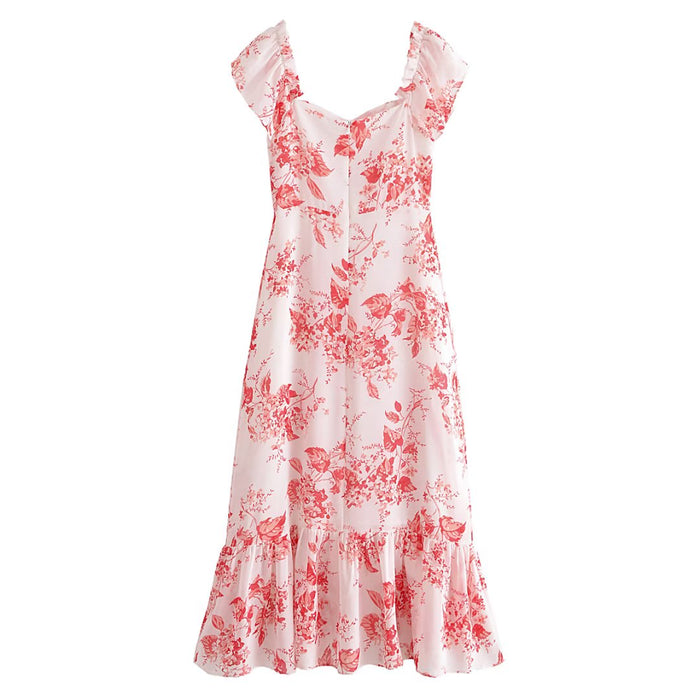 Pastoral off Shoulder Short Sleeve Dress Women Sexy Slim Print Ruffled Maxi Dress