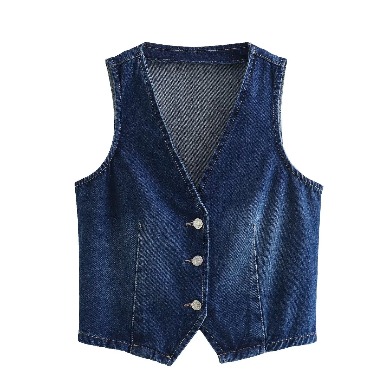 Autumn Winter Denim Vest V neck Single Breasted Short Denim Waistcoat Vest button