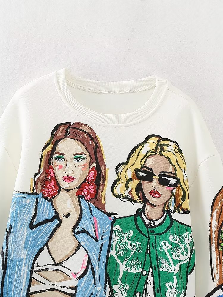 Women Clothing French Girl Printed Crew Neck Sweatshirt