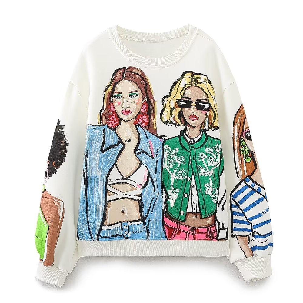 Women Clothing French Girl Printed Crew Neck Sweatshirt