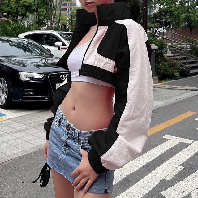 Locomotive Contrast Color Stand Up Collar Short Coat Women Autumn Street Personalized Cardigan Zipper Jacket Short Top