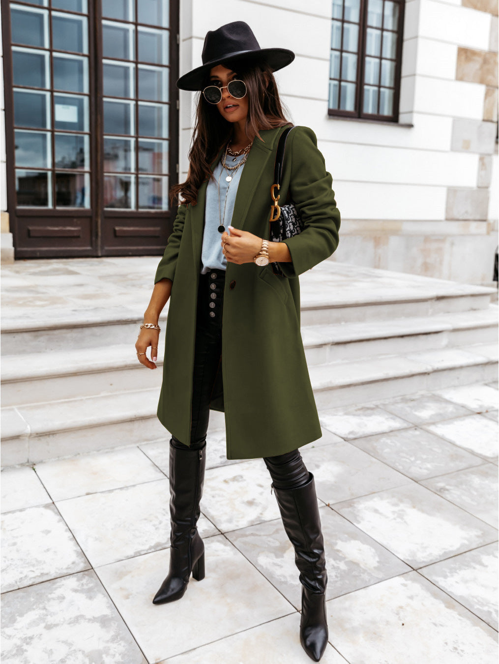 Autumn Winter Solid Color Collared Mid Length Button Woolen Coat Outerwear Women
