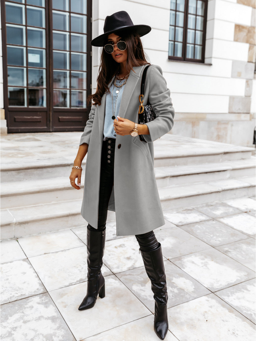 Autumn Winter Solid Color Collared Mid Length Button Woolen Coat Outerwear Women