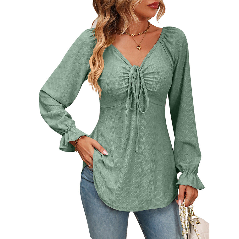 Fall Arrival Women Clothing V Neck Drawstring Girdle Sexy Long Sleeve Solid Color T Shirt