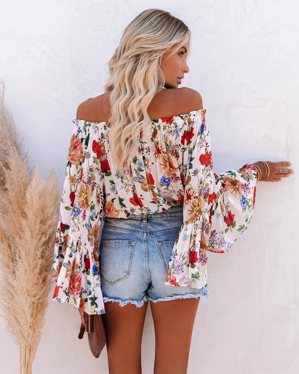 Women Spring and Summer New Printed Shoulder Trumpet Sleeve High Waist All match Top