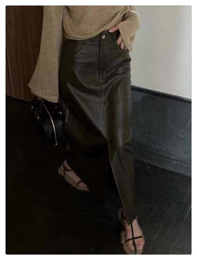Women Sexy Casual Versatile Split Leather Half Skirt