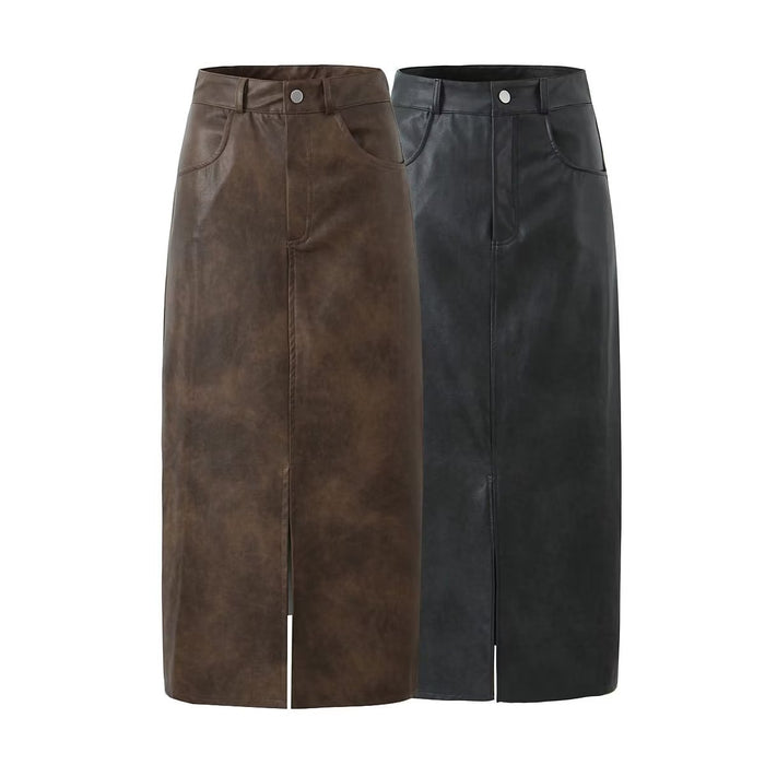 Women Sexy Casual Versatile Split Leather Half Skirt