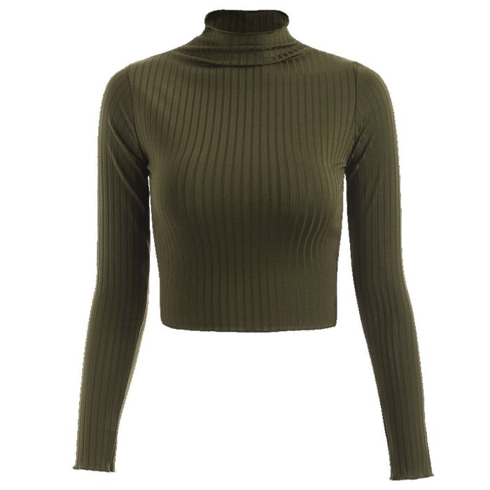 Autumn Winter Half-High Collar Solid Color Long-Sleeved Knitted T-  Slim-Fit Women Cropped Top Sweater