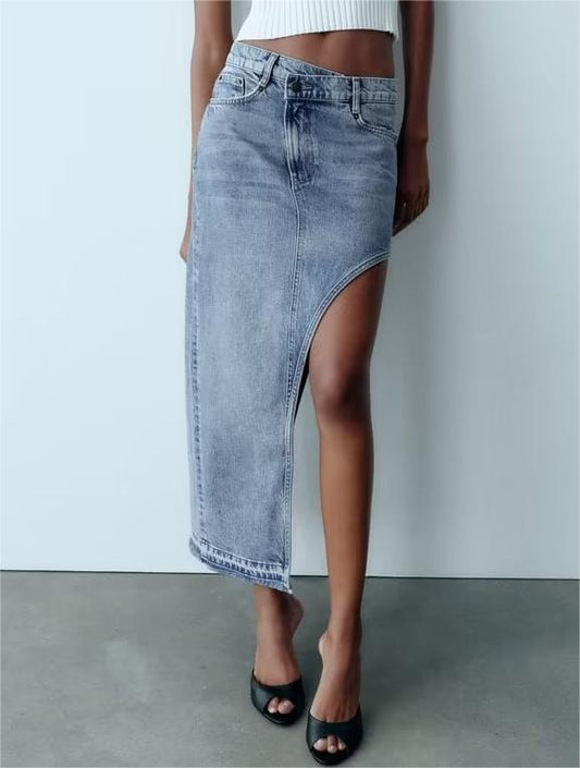 Summer Women Clothing Personality Asymmetric Slit Design Denim Long Skirts