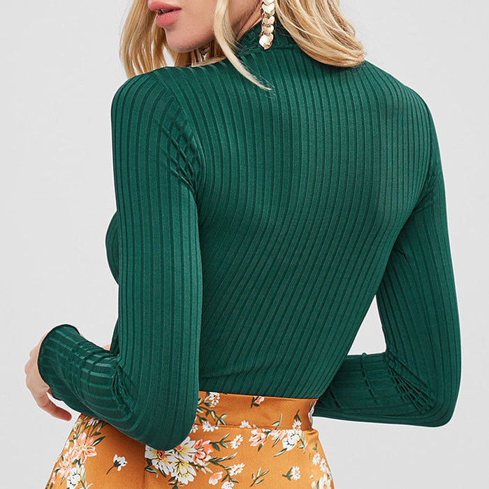 Autumn Winter Half-High Collar Solid Color Long-Sleeved Knitted T-  Slim-Fit Women Cropped Top Sweater